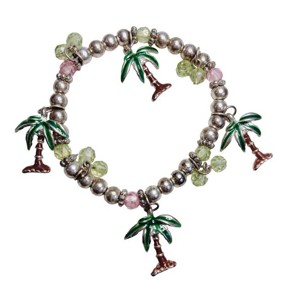 VTG Silver-Plated Y2K Charm Bracelet, Tropical Enamel Palm Trees Plastic Beads - Picture 1 of 6